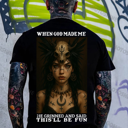 WHEN GOD MADE ME HE GRINNED AND SAID THIS'LL BE FUN Goat Skull Tribal Girl Print Men's T-shirt Image - 1