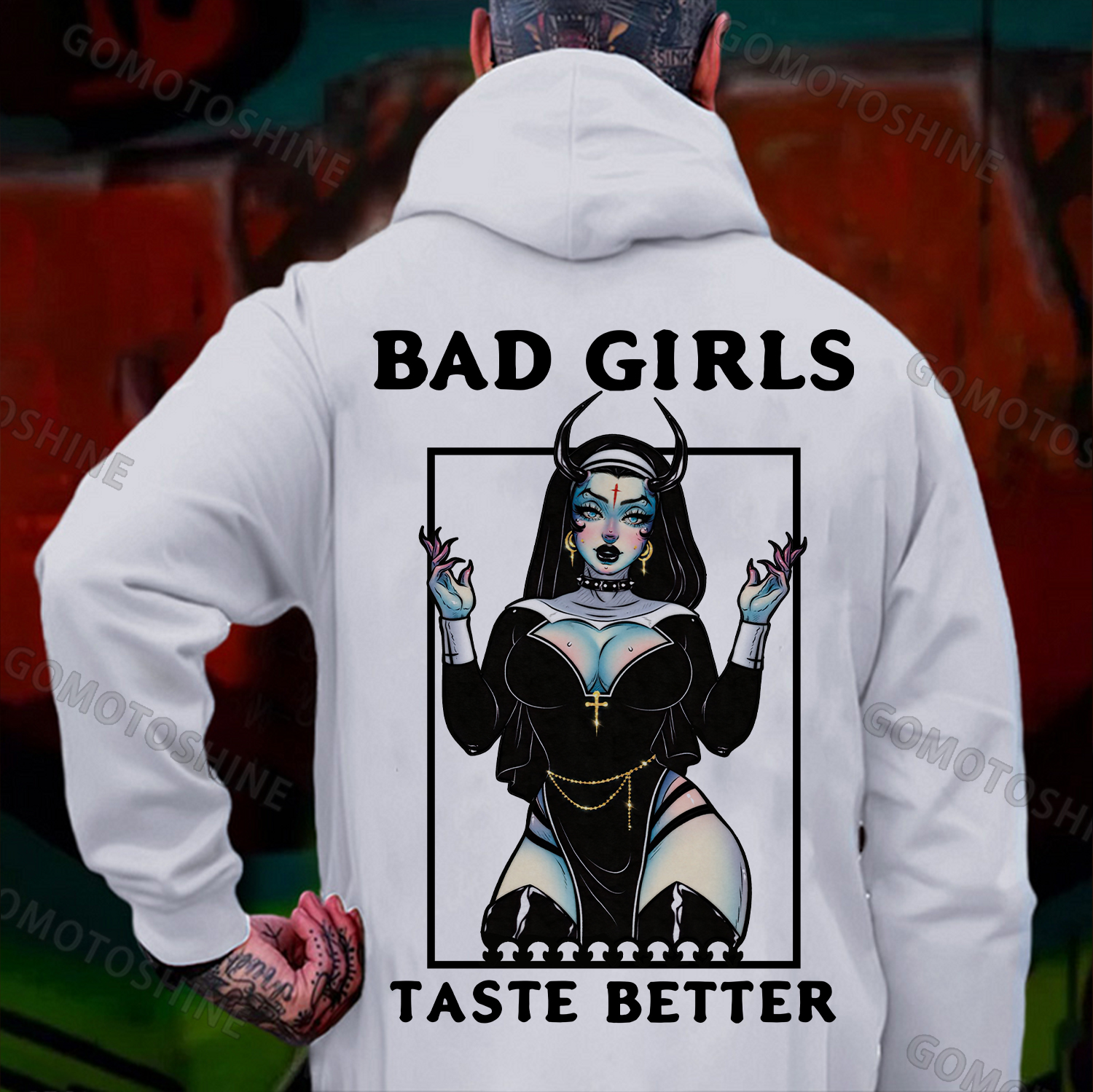 BAD GIRLS TASTE BETTER Sexy Devil Nun Print Men's Hoodie