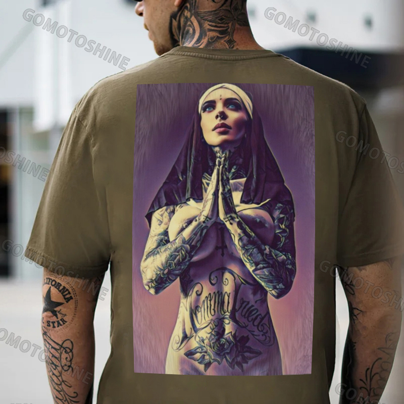 Pious Nun Praying with Tattoo Black Print T-shirt