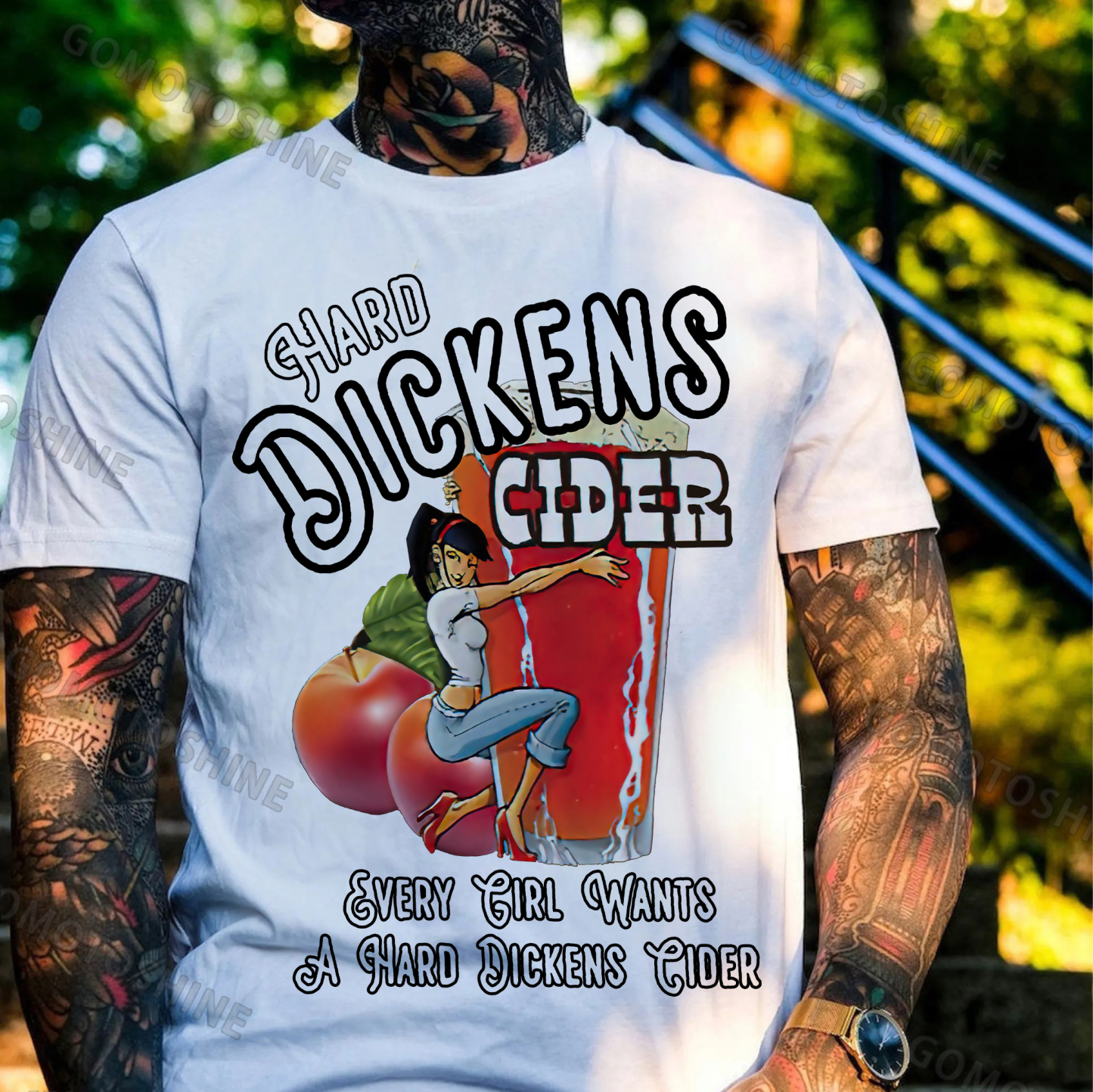 HARD DICKENS Sexy Lady with Fruit Juice Black Print T-shirt