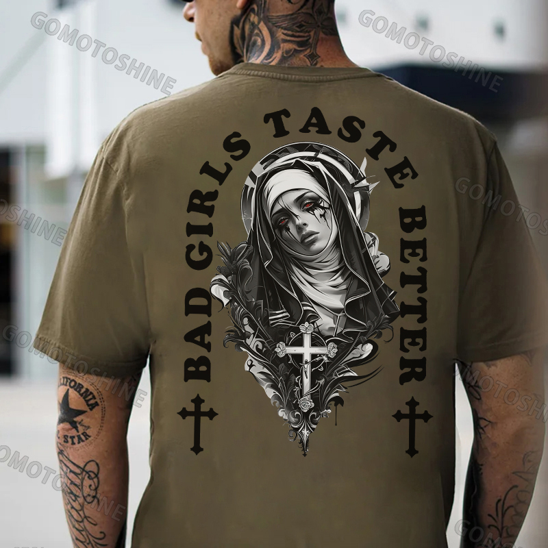 BAD GIRLS TASTE BETTER Crucifix Nun Print Men's T-Shirt