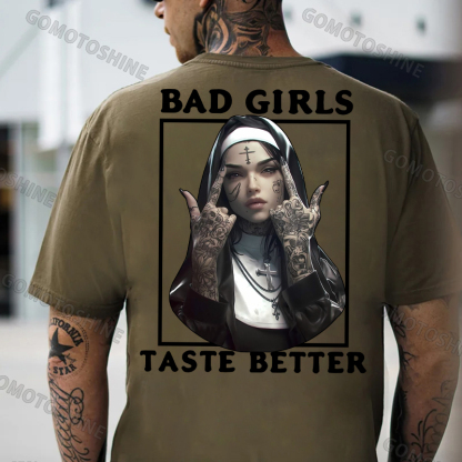 BAD GIRLS TASTE BETTER Defiant Nun Print Men's T-Shirt
