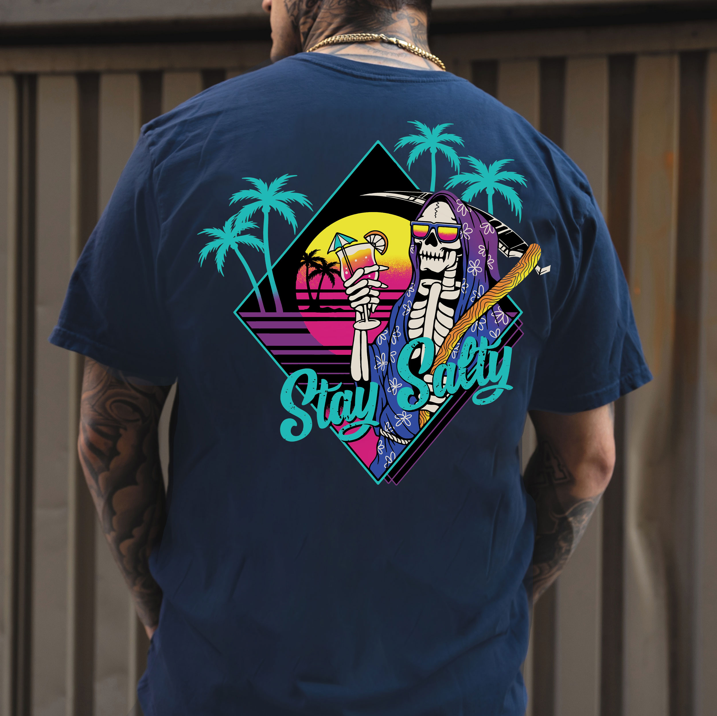 STAY SALTY Tropical Skeleton Black Print T-shirt