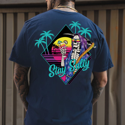 STAY SALTY Tropical Skeleton Black Print T-shirt