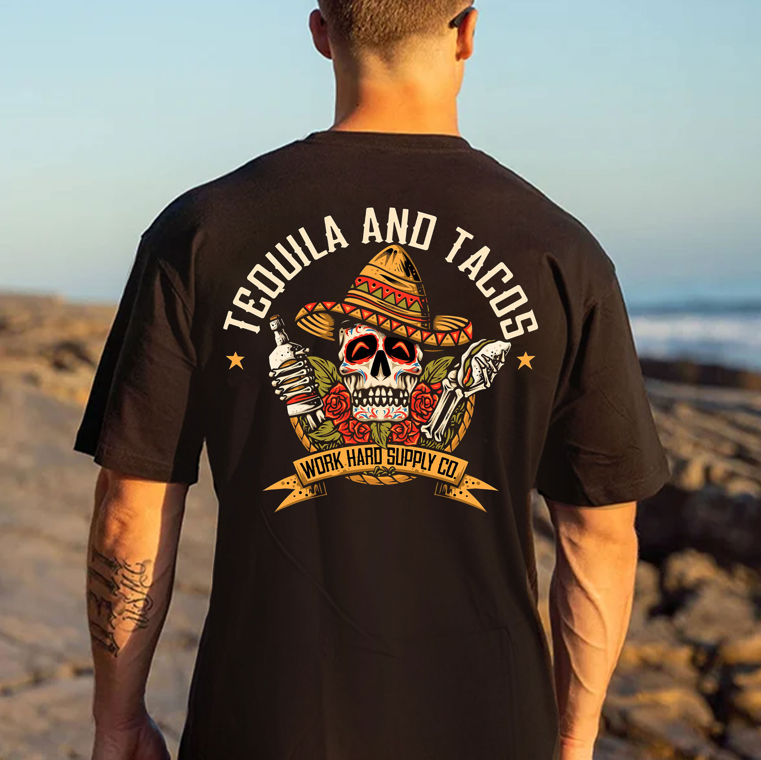 TEQUILA AND TACOS Skull and Roses Black Print T-Shirt