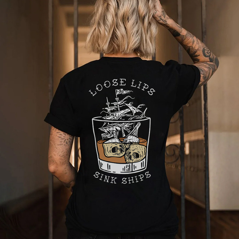 LOOSE LIPS SINK SHIPS Skulls Ship in the Water Graphic Print Women's T-shirt