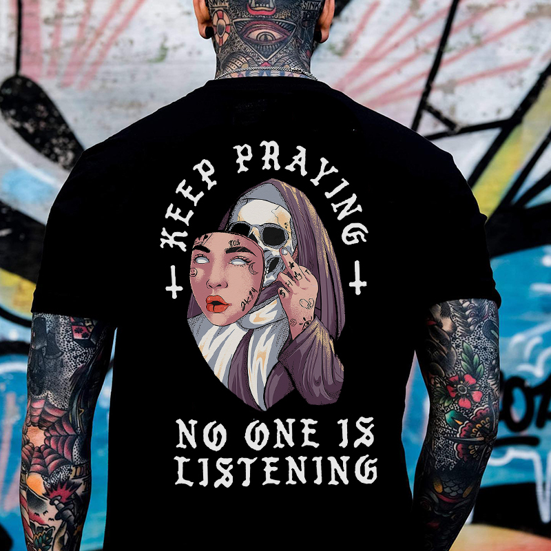 KEEP PRAYING Human Skin Mask Skeleton Black Print T-shirt