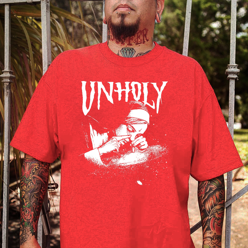 UNHOLY Nun Smoking Dark Style Black Print T-shirt