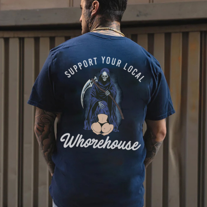 SUPPORT YOUR LOCAL WHOREHOUSE Oral Sex With Skeleton Black Print T-shirt