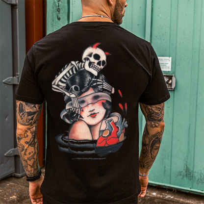 Skull with Blindfolded Lady Black Print T-Shirt