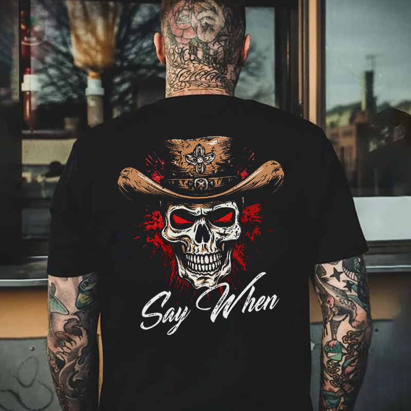 SAY WHEN Cowboy Skull Print Men's T-shirt