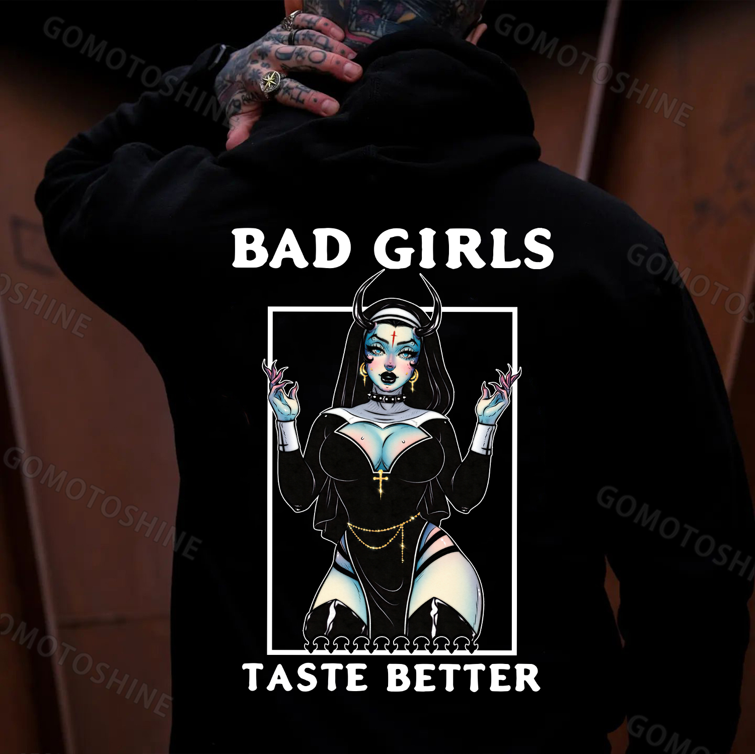 BAD GIRLS TASTE BETTER Sexy Devil Nun Print Men's Hoodie