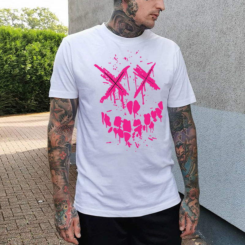 Fluorescent Pink Evil Emoji Graphic Black Print T-Shirt