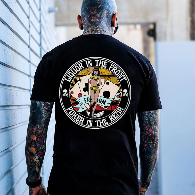 LIQUOR IN THE FRONT POKER IN THE REAR Sexy Lady Poker White Print T-shirt