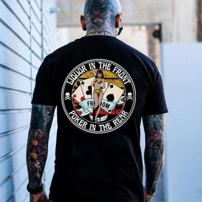 LIQUOR IN THE FRONT POKER IN THE REAR Sexy Lady Poker White Print T-shirt