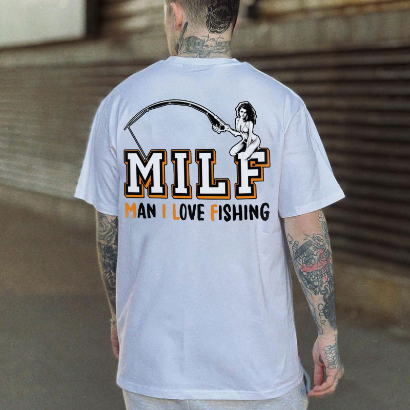 MILF MAN I LOVE FISHING Naked Lady Black Print T-shirt