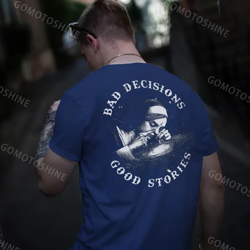 BAD DECISIONS GOOD STORIES Nun Smoking Black Print T-Shirt Image - 5