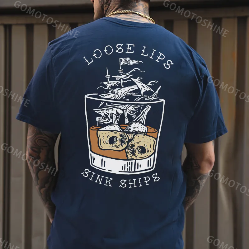 LOOSE LIPS SINK SHIPS Skulls Ship in the Water Graphic White Print T-shirt