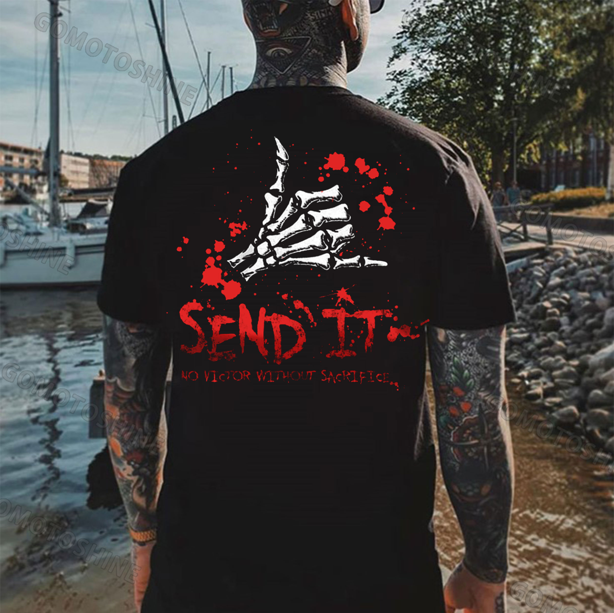 SEND IT NO VICTOR WITHOUT SACRIFICE Bone Hand Print Men's T-Shirt