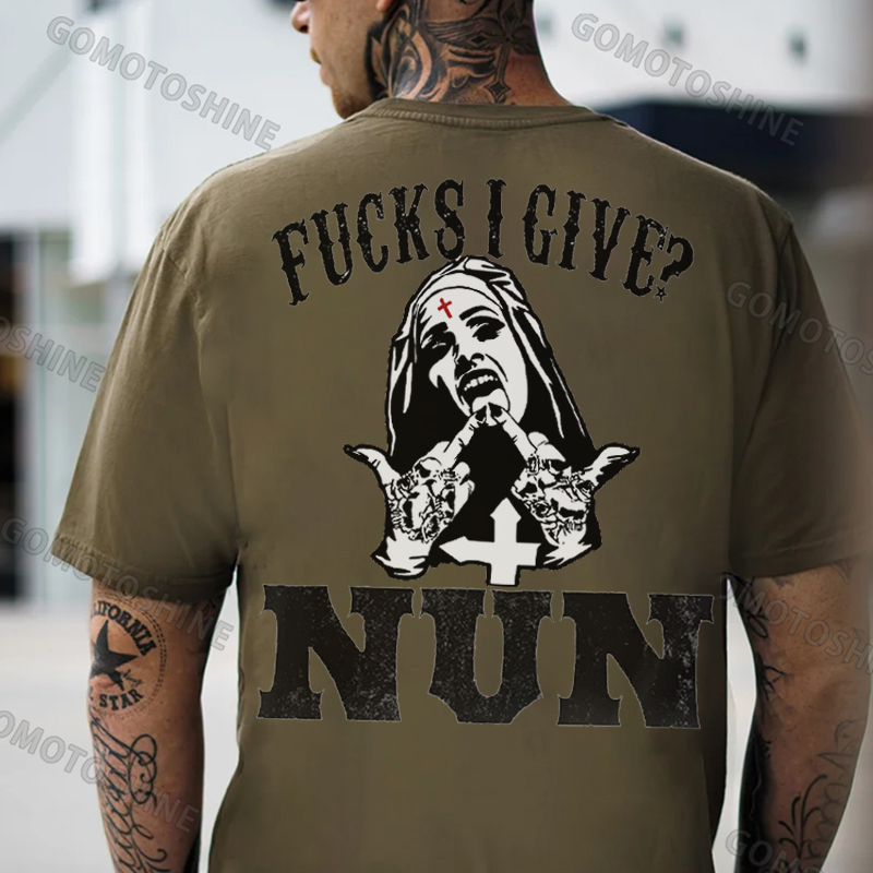 FUCKS I GIVE Uninhibited Nun Graphic Black Print T-shirt