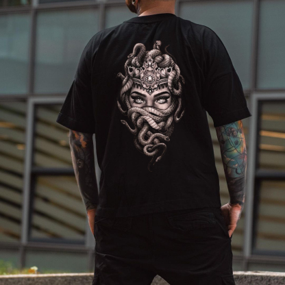Gothic Lady with Fierce Snake Vintage Black Print T-shirt