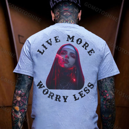 LIVE MORE WORRY LESS Smoking Nun Print Men's T-Shirt