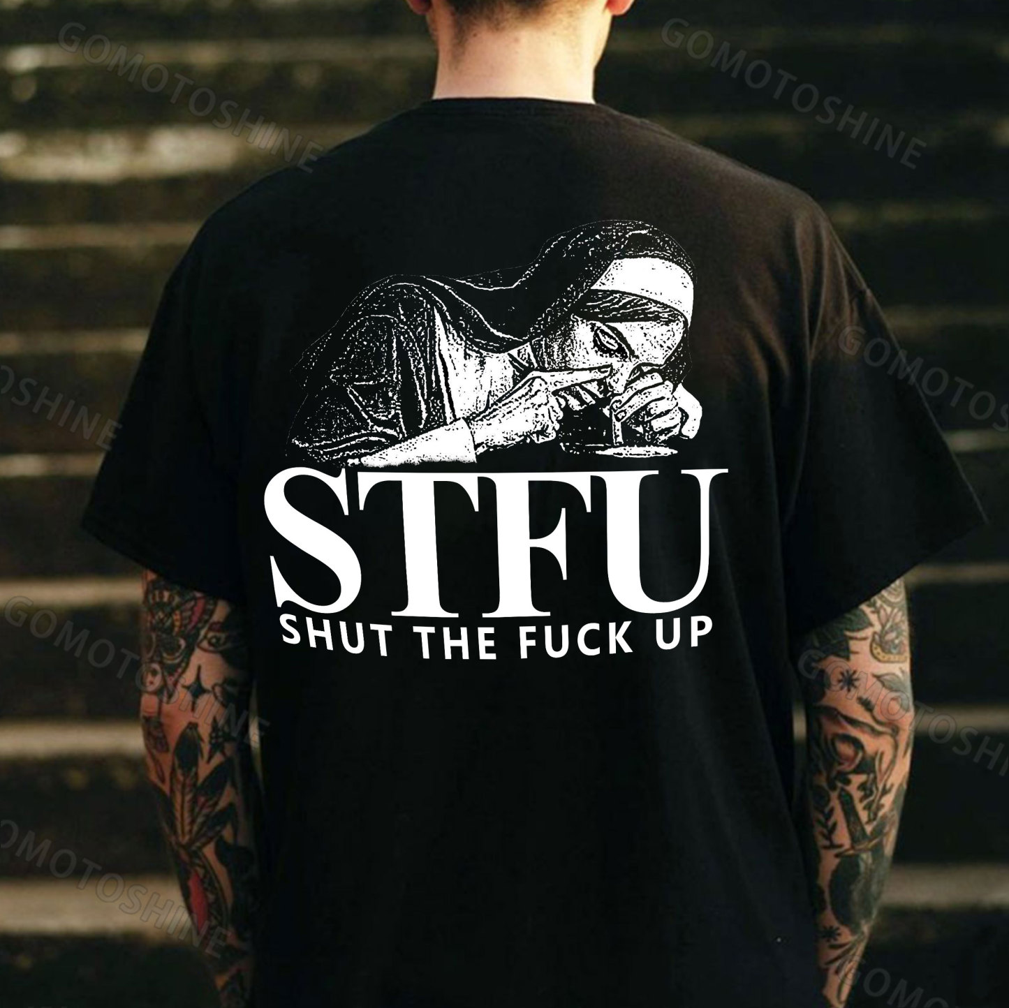 STFU SHUT THE FUCK UP Smoking Nun Print Men's T-Shirt