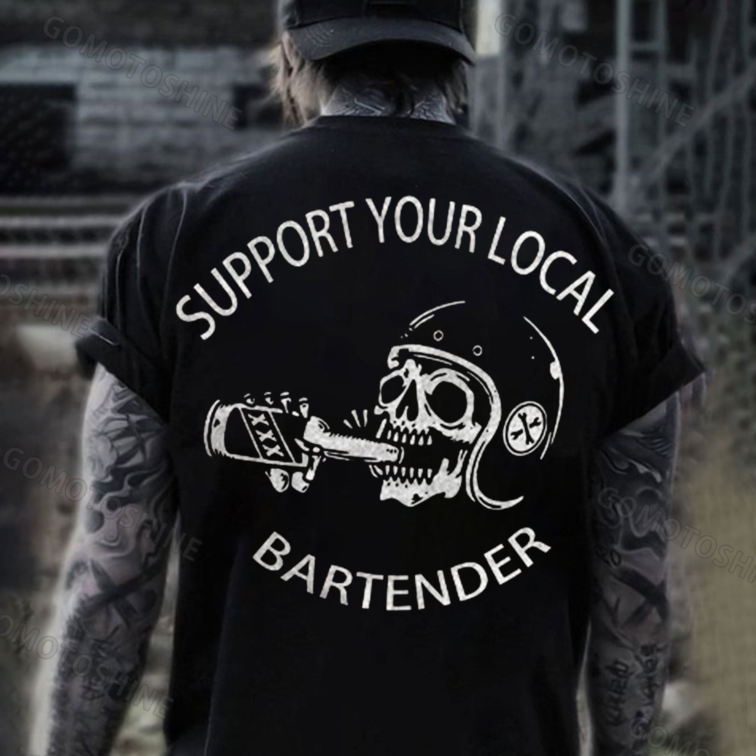 SUPPORT YOUR LOCAL BARTENDER Skeleton Drunkard Print Men's T-Shirt