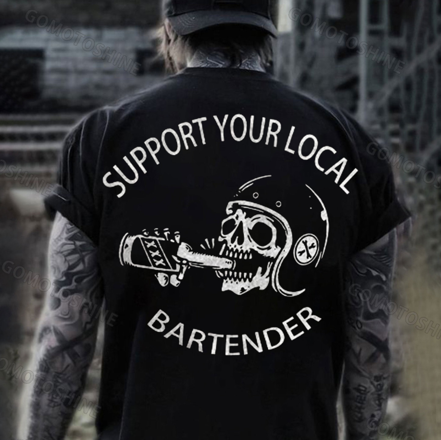 SUPPORT YOUR LOCAL BARTENDER Skeleton Drunkard Print Men's T-Shirt