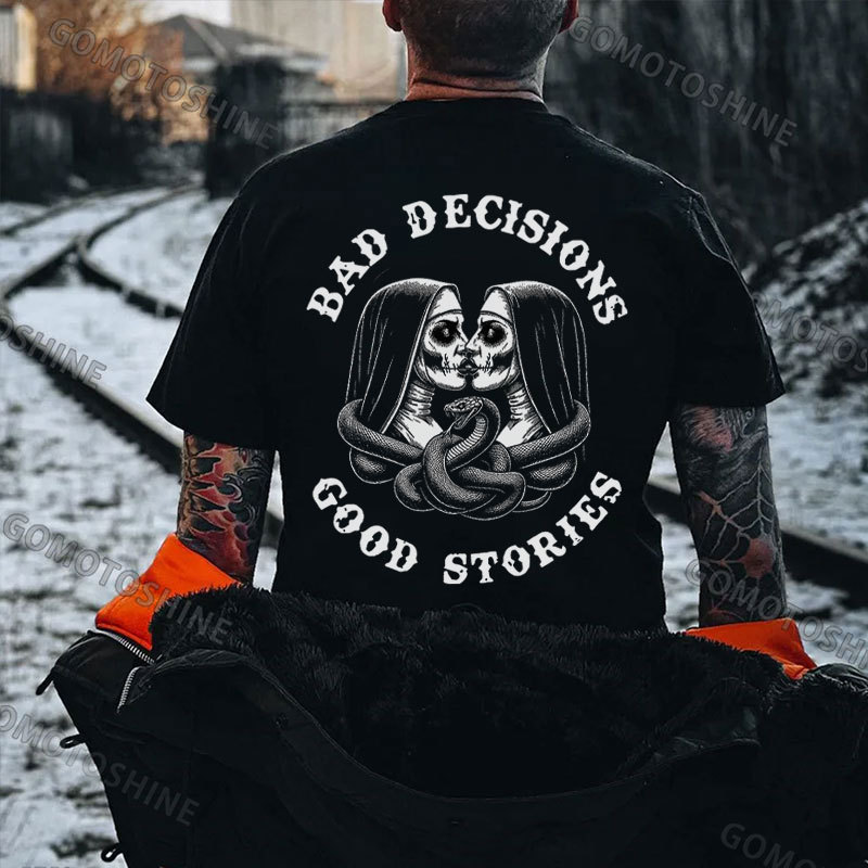 BAD DECISIONS GOOD STORIES Kissing Nun Print Men's T-Shirt