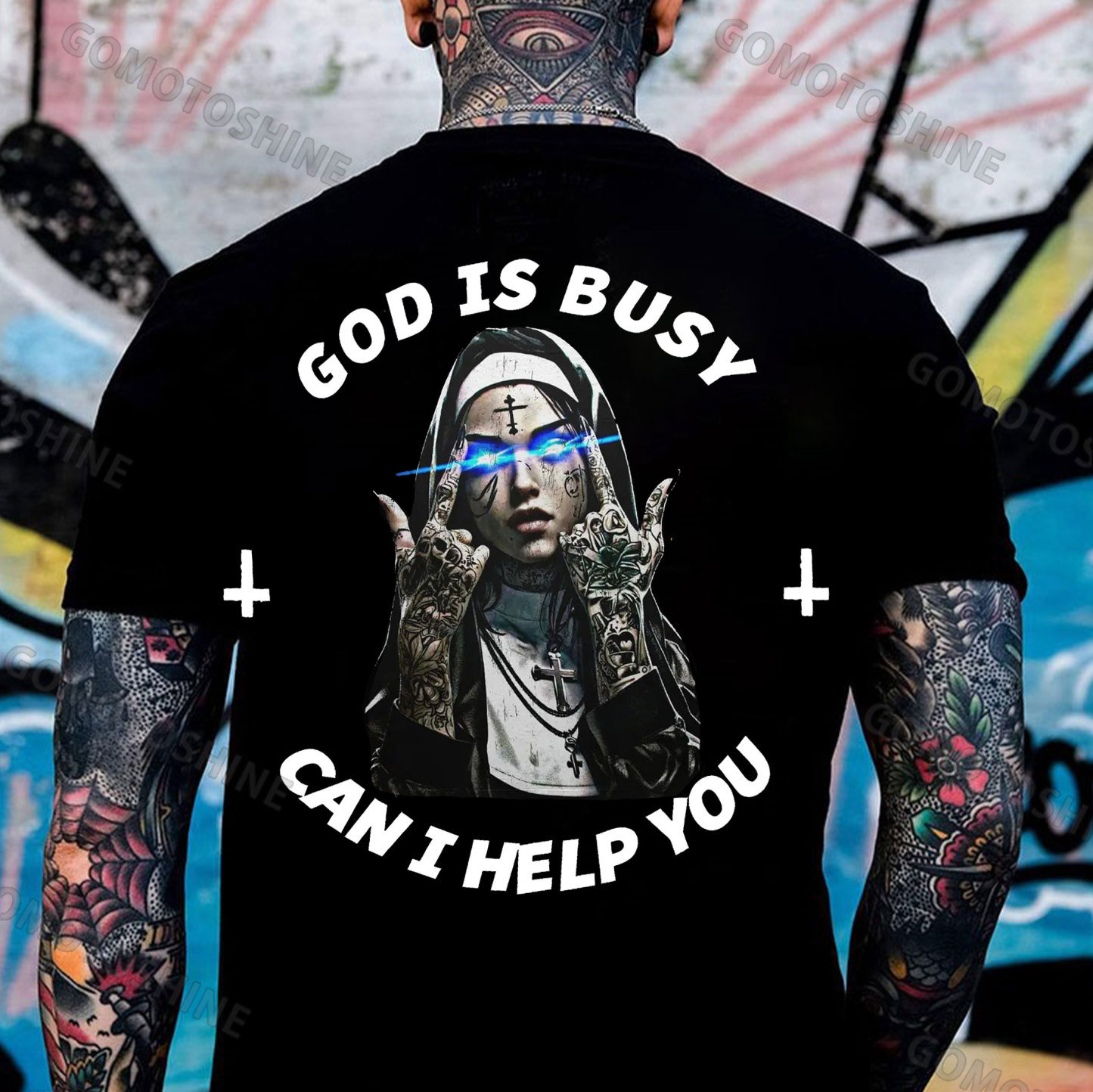 GOD IS BUSY CAN I HELP YOU Defiant Nun Print Men's T-Shirt
