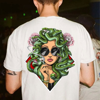 Lady Smoking with Fierce Snake Black Print T-Shirt