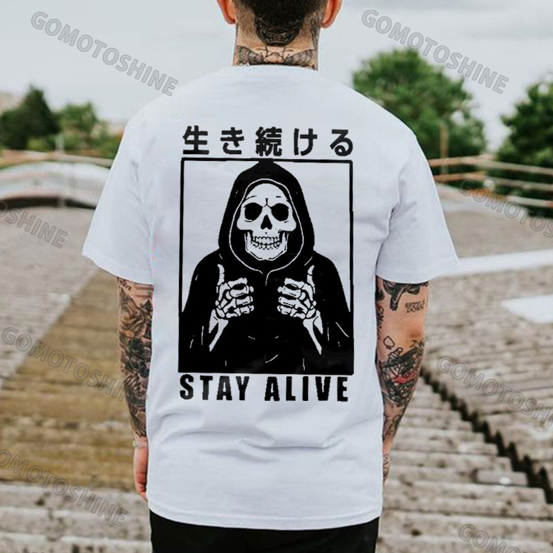 STAY ALIVE Skeleton Japanese Print Men's T-Shirt