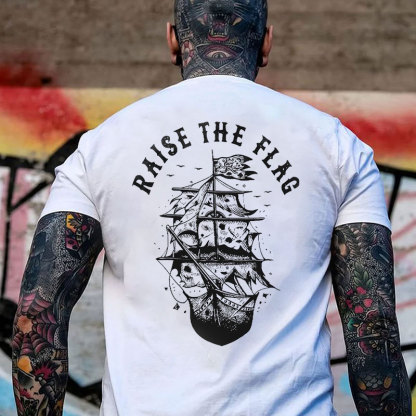 RAISE THE FLAG Ship Graphic Casual White Print T-shirt