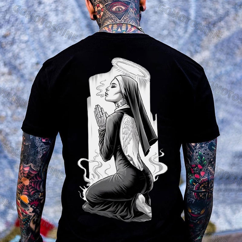Angel Wings Tattoo Nun Print Men's T-Shirt
