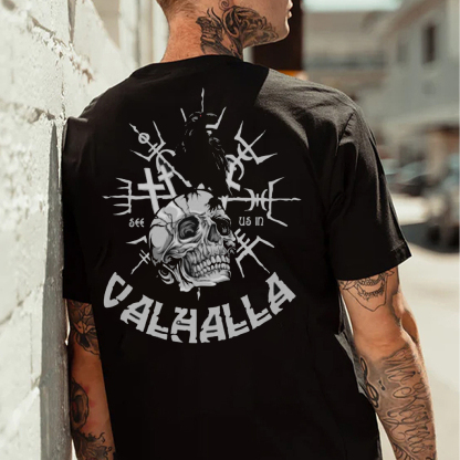 Runes Crow Skull Black Print T-Shirt