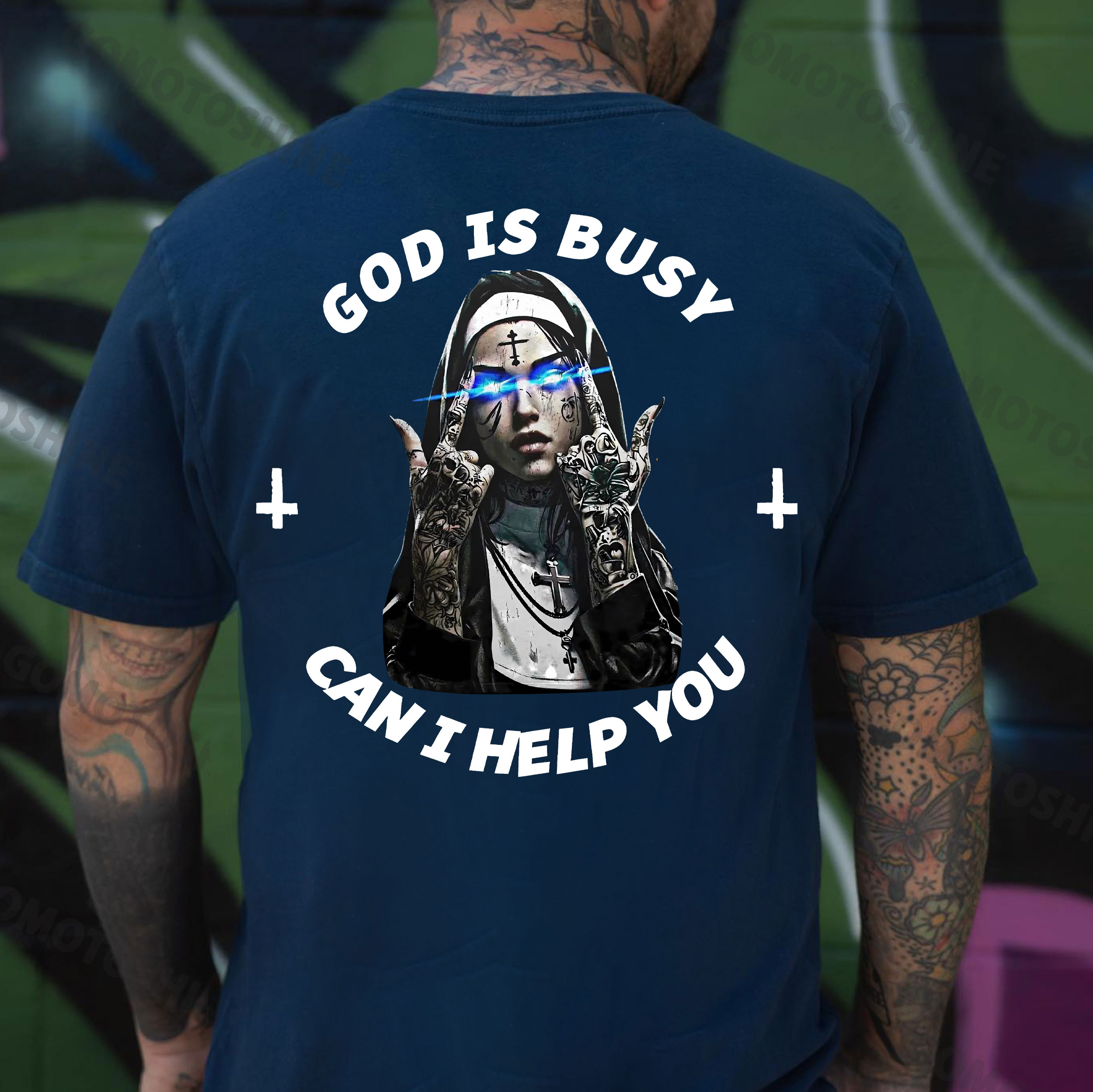 GOD IS BUSY CAN I HELP YOU Defiant Nun Print Men's T-Shirt