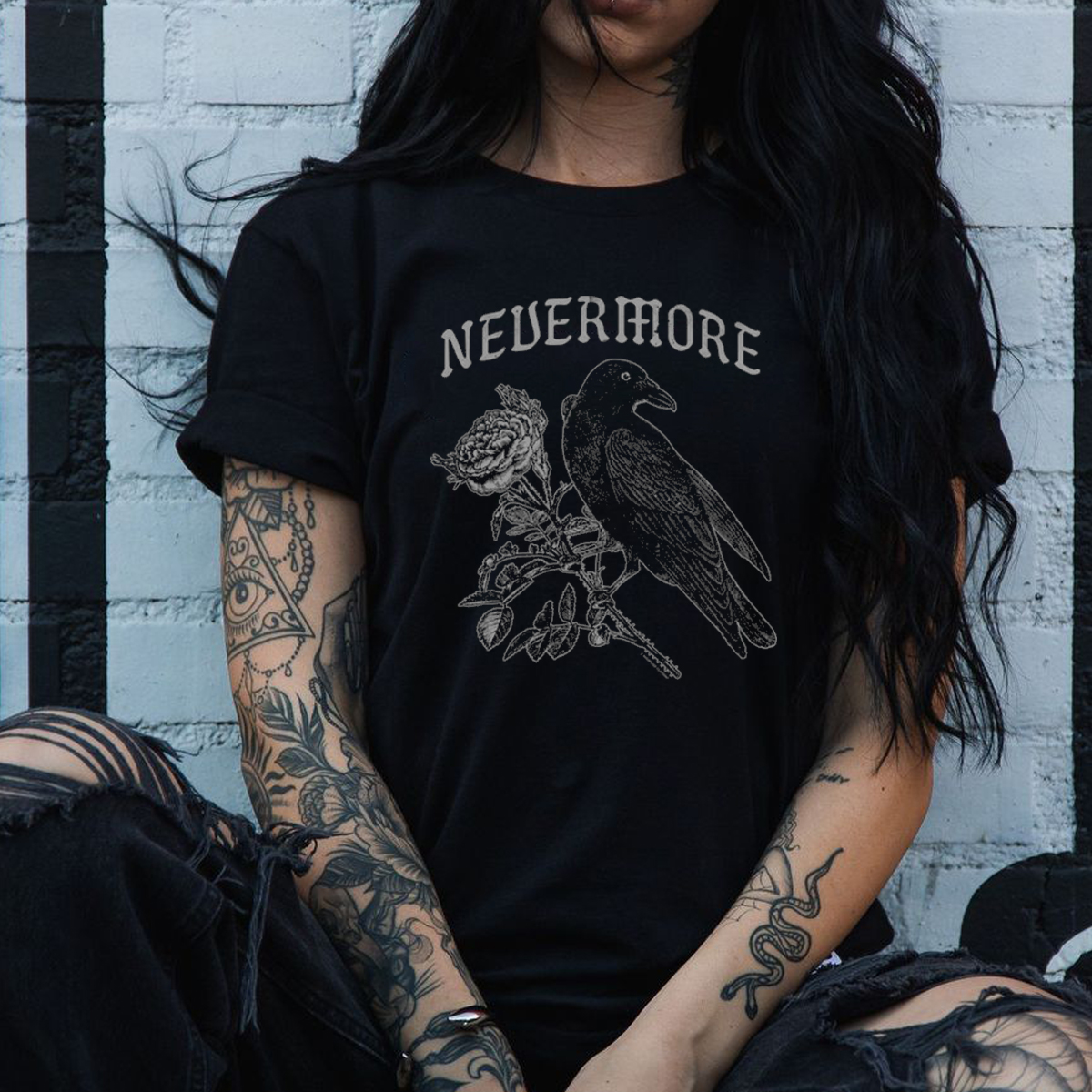 NEVER MORE Flower&Crow Print Women's T-shirt