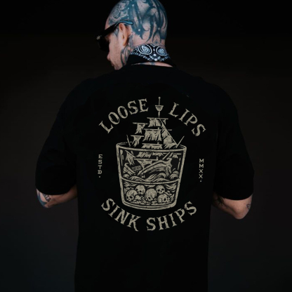 LOOSE LIPS SINK SHIPS Skull Black Print T-shirt