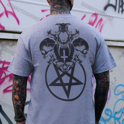 Multifacial Skulls with Star Circle Black Print T-shirt