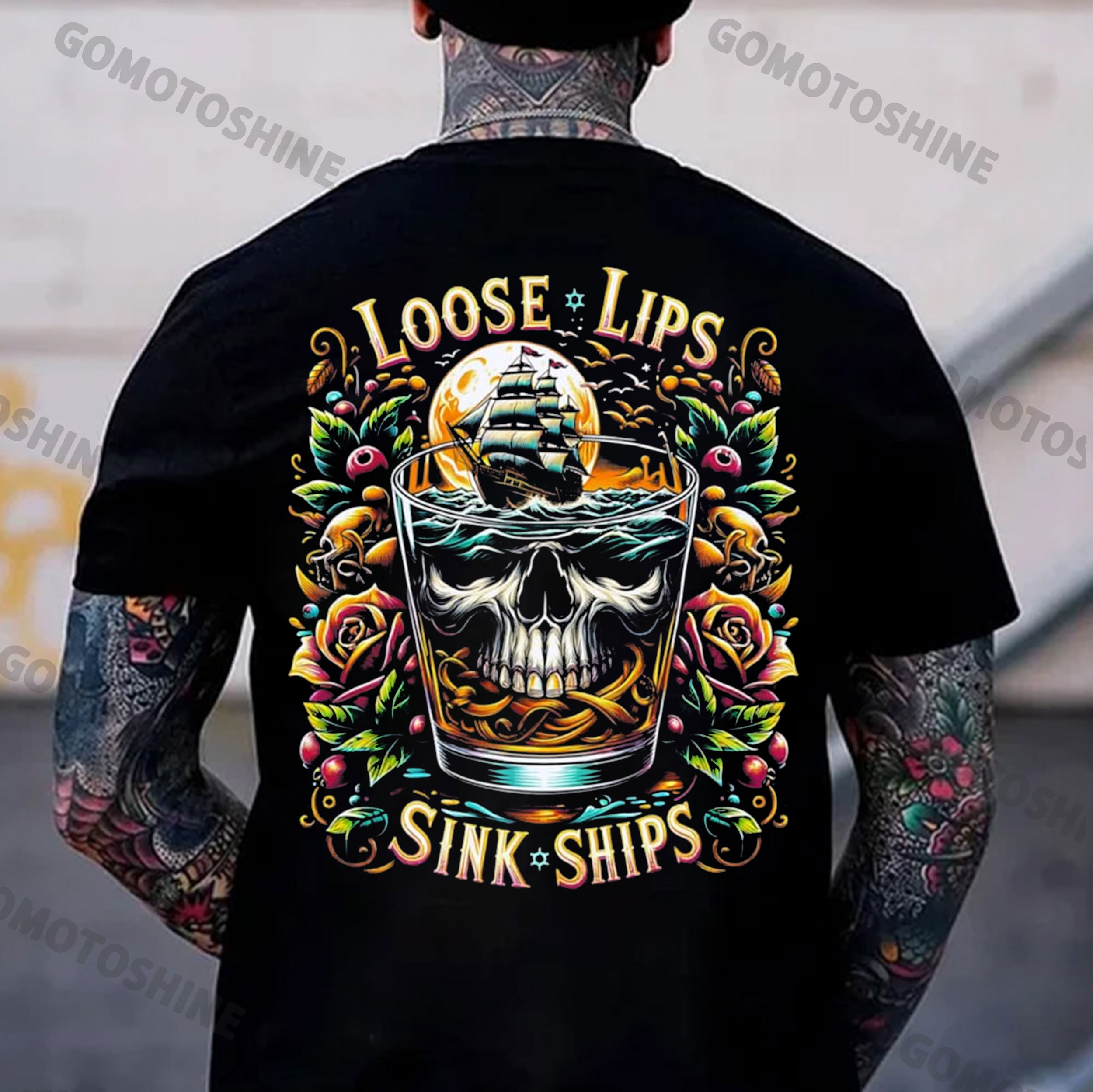 LOOSE LIPS SINK SHIPS Skull Liquor Pirate Ship Print Men's T-Shirt