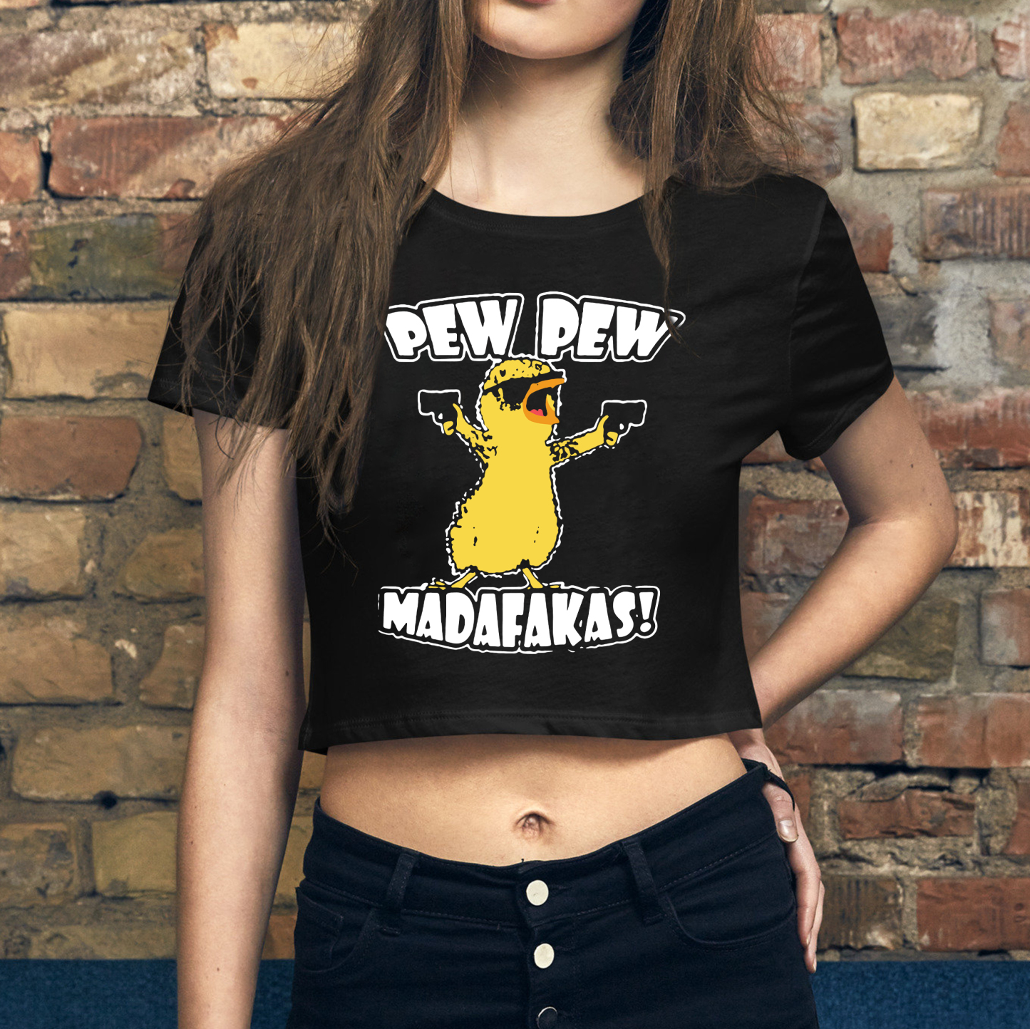 PEW PEW MADAFAKAS Yellow Duck Print Women's Cropped T-shirt