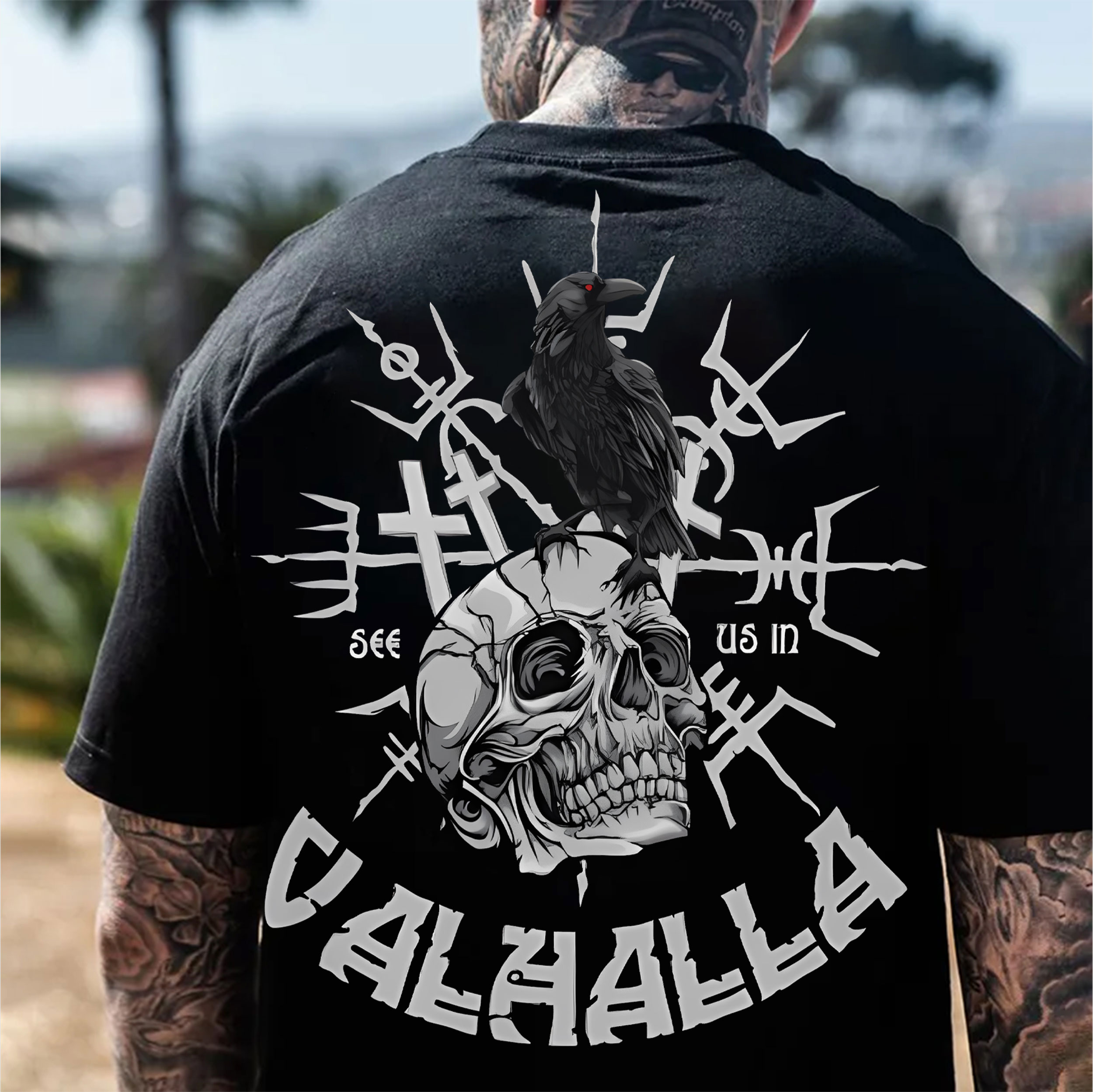 VALHALLA Crow Skull Black Print T-Shirt