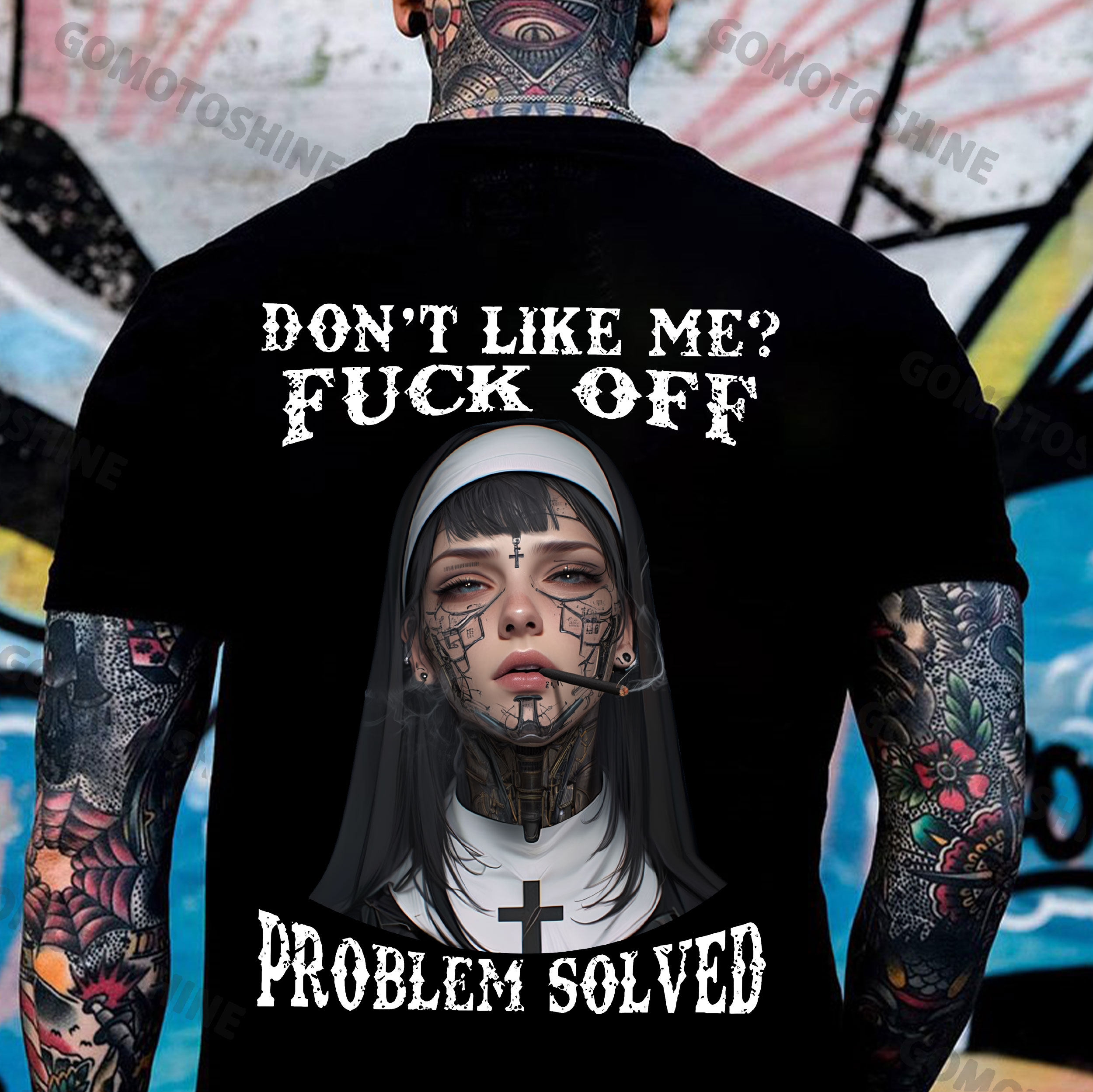 DON'T LIKE ME FUCK OFF Tattooed Nun Print Men's T-Shirt