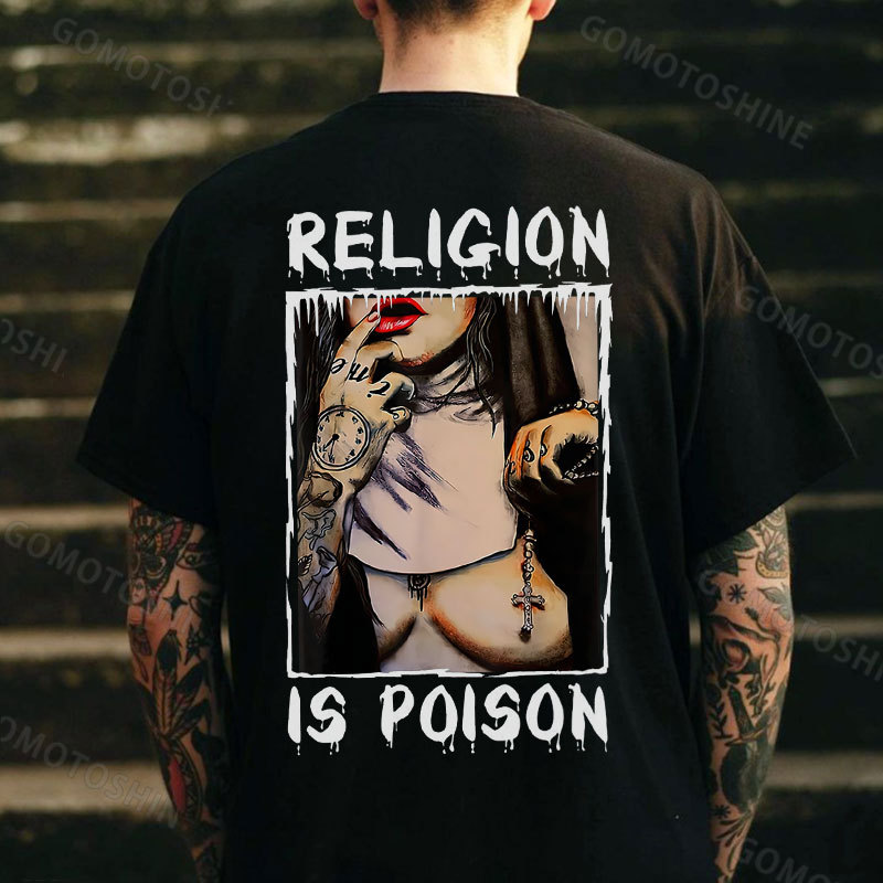 RELIGION IS POISON Naked Nun Print Men's T-Shirt