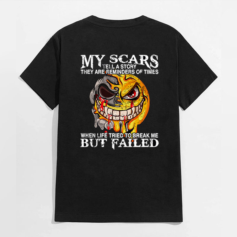MY SCARS TELL A STORY Melting Skull Emoji Black Print T-shirt