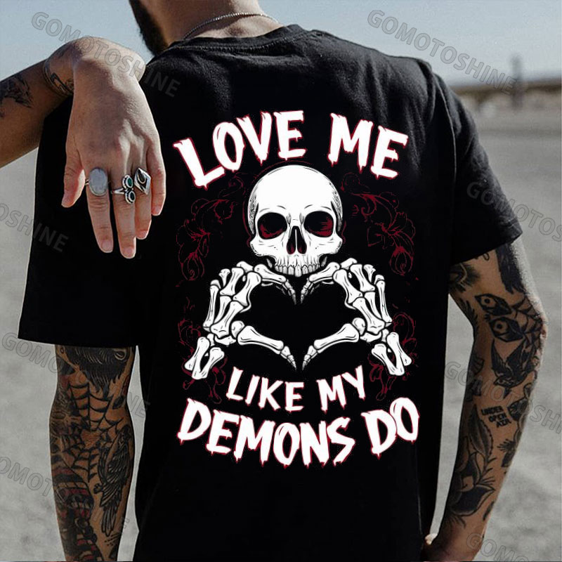 LOVE ME LIKE MY DEMONS DO Finger Heart Skeleton Print Men's T-Shirt