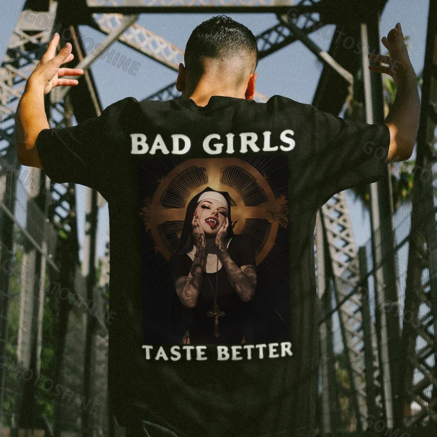 BAD GIRLS TASTE BETTER Sexy Tattooed Nun Print Men's T-Shirt