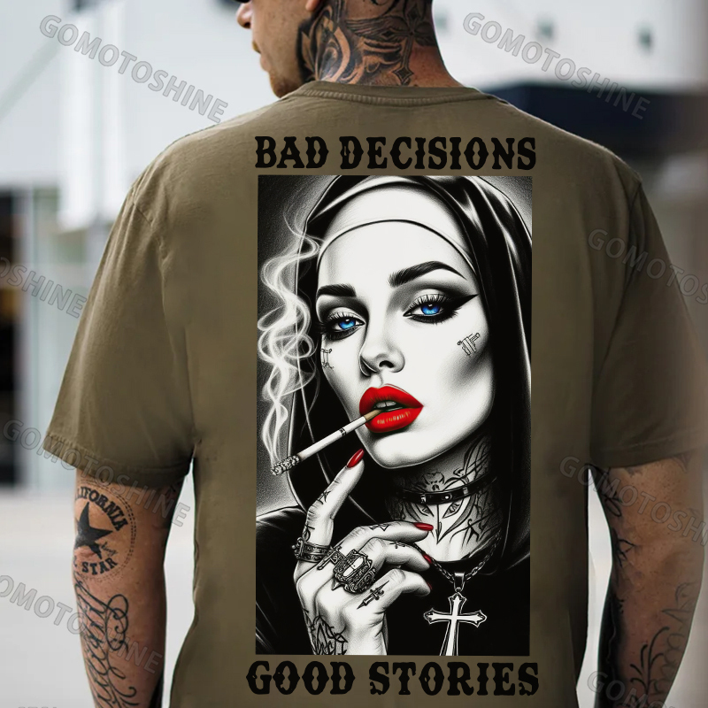 BAD DECISIONS GOOD STORIES Sexy Smoking Nun Print Men's T-Shirt