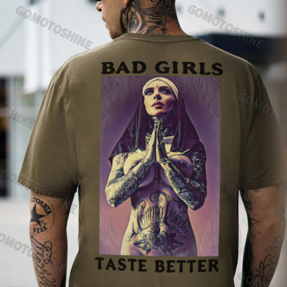 BAD GIRLS TASTE BETTER Tattooed Praying Nun Print Men's T-Shirt
